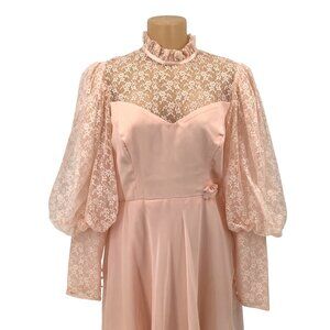 Vintage Peach Lace & Chiffon Long-Sleeve Gown Ruffled High Neckline Puff Sleeves